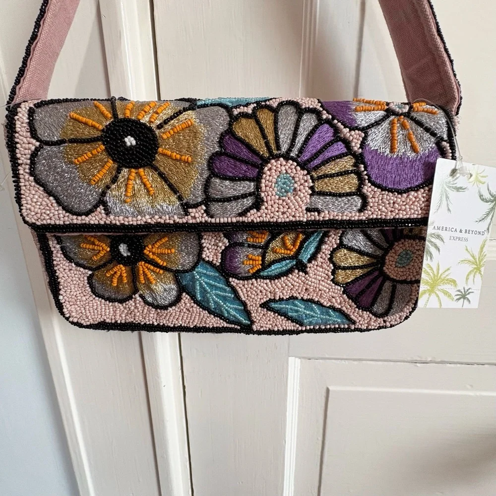 Floral Beaded Shoulder Bag NWT America And Beyond Sparkly Springy Intricate - Picture 2 of 16